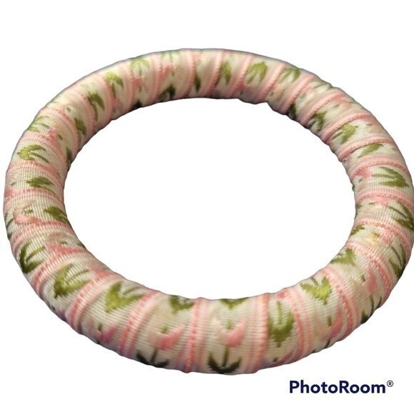 None Jewelry - Ribbon Wrapped Bangle Bracelet Balletcore Boho Soft Girl Pink Green Cream Print